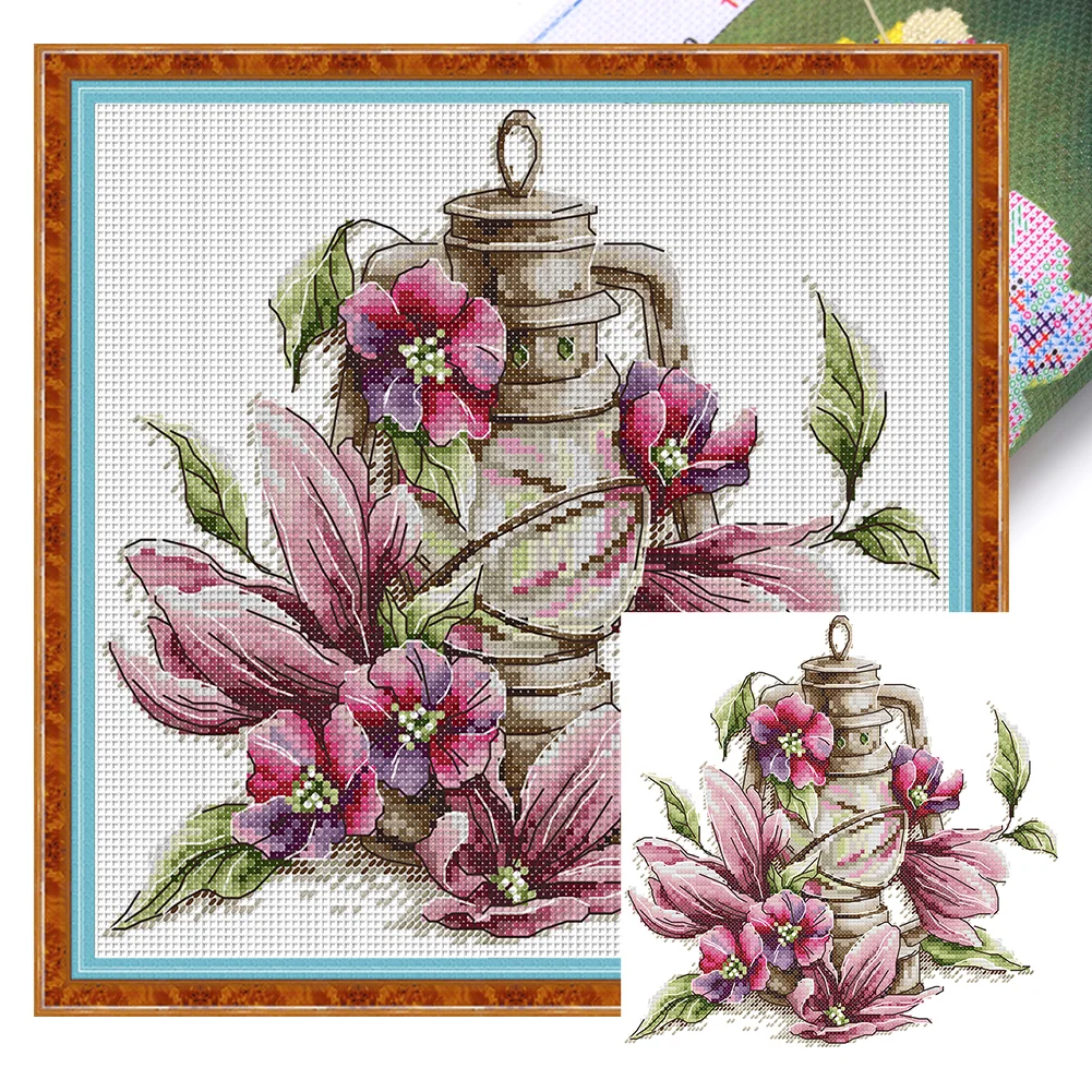 【Domingo de alegría】 Punto de cruz estampado de 14 quilates - lámpara de aceite de magnolia (28 * 27 cm)