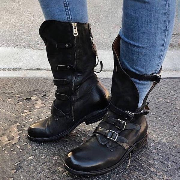  Women Vintage Zipper Buckle Decor Wide Calf Mid-Calf Boots