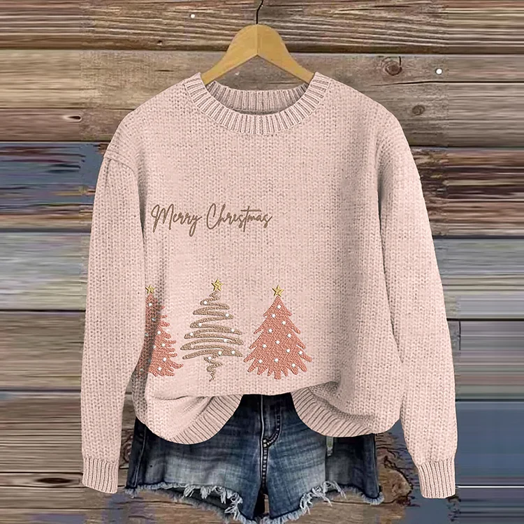 Christmas Tree Embroidery Embroidery Pink Cozy Knit Sweater