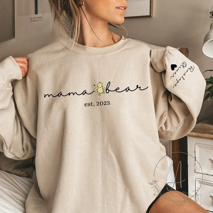 Personalized Mama Bear Crewneck with Kids Names On Sleeve