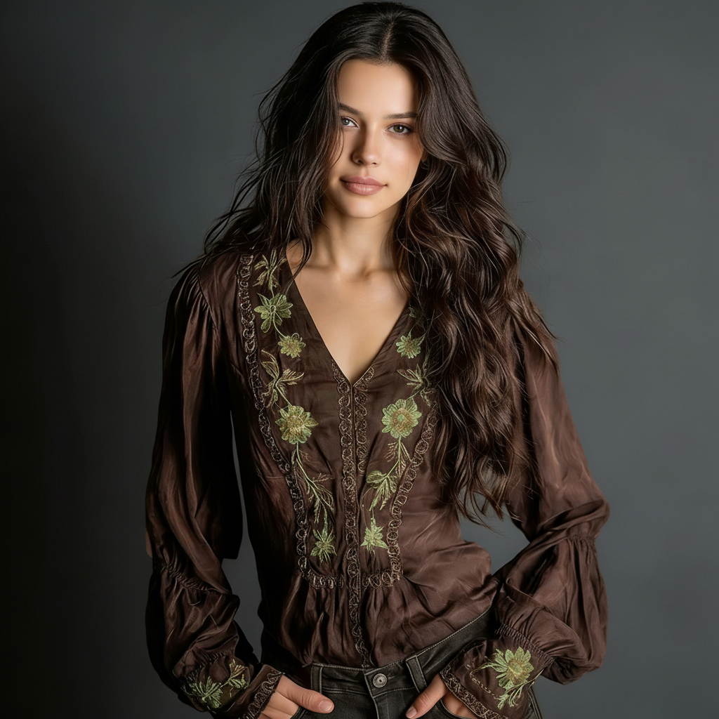 Cotton Linen Boho Patchwork Tunica Top For Women V-Neck Loose Flowy Summer Casual Shirt With Floral Print And Geometric - Helixace