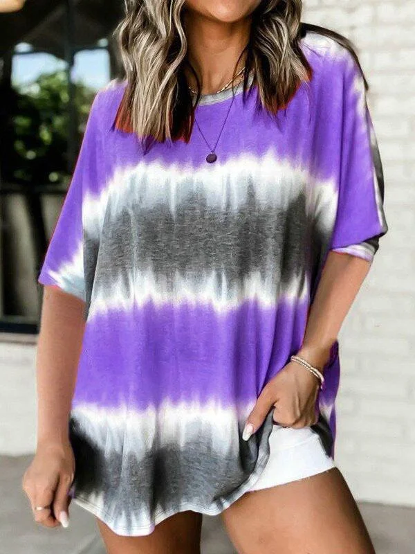 Women's Tie-dye Printed T-shirt With Round Neck And Batwing Sleeve