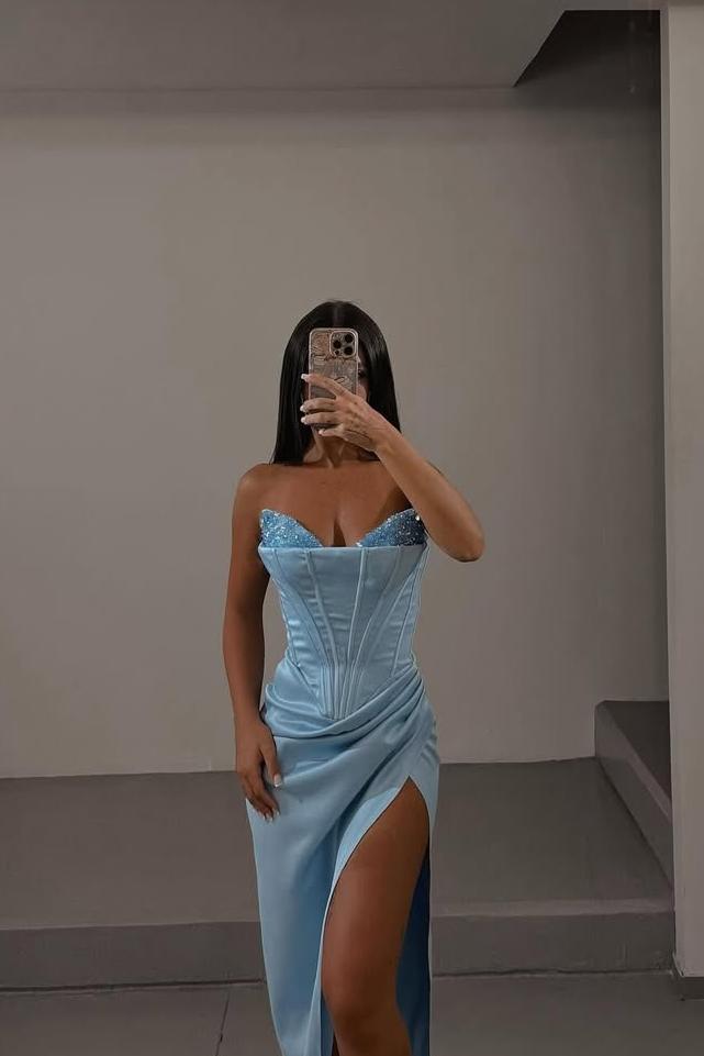 Simple Blue Sleeveless Prom Dress With Split,Blue Evening Dress Y1751 main image 1