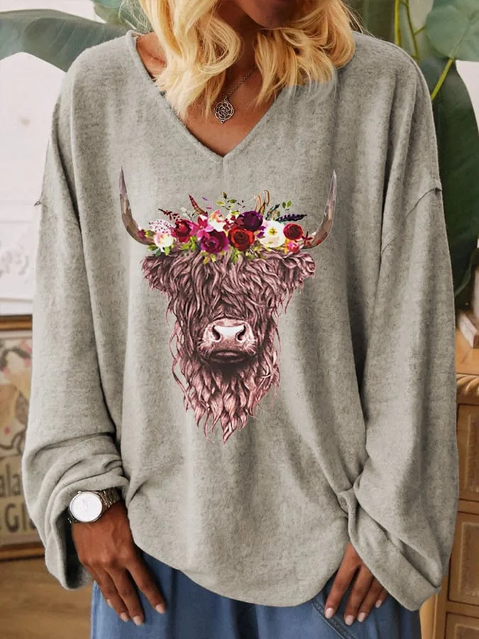 Women's Floral Highland Cow Casual Long-Sleeve T-Shirt socialshop