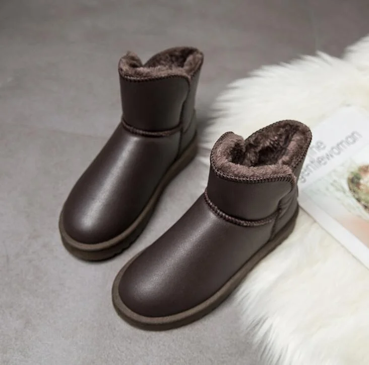 2021 New Winter Plus Velvet PU Waterproof Mid-Tube Snow Boots Thickened Warm Women's Boots 35-40 Flat-Heeled Cotton Shoes