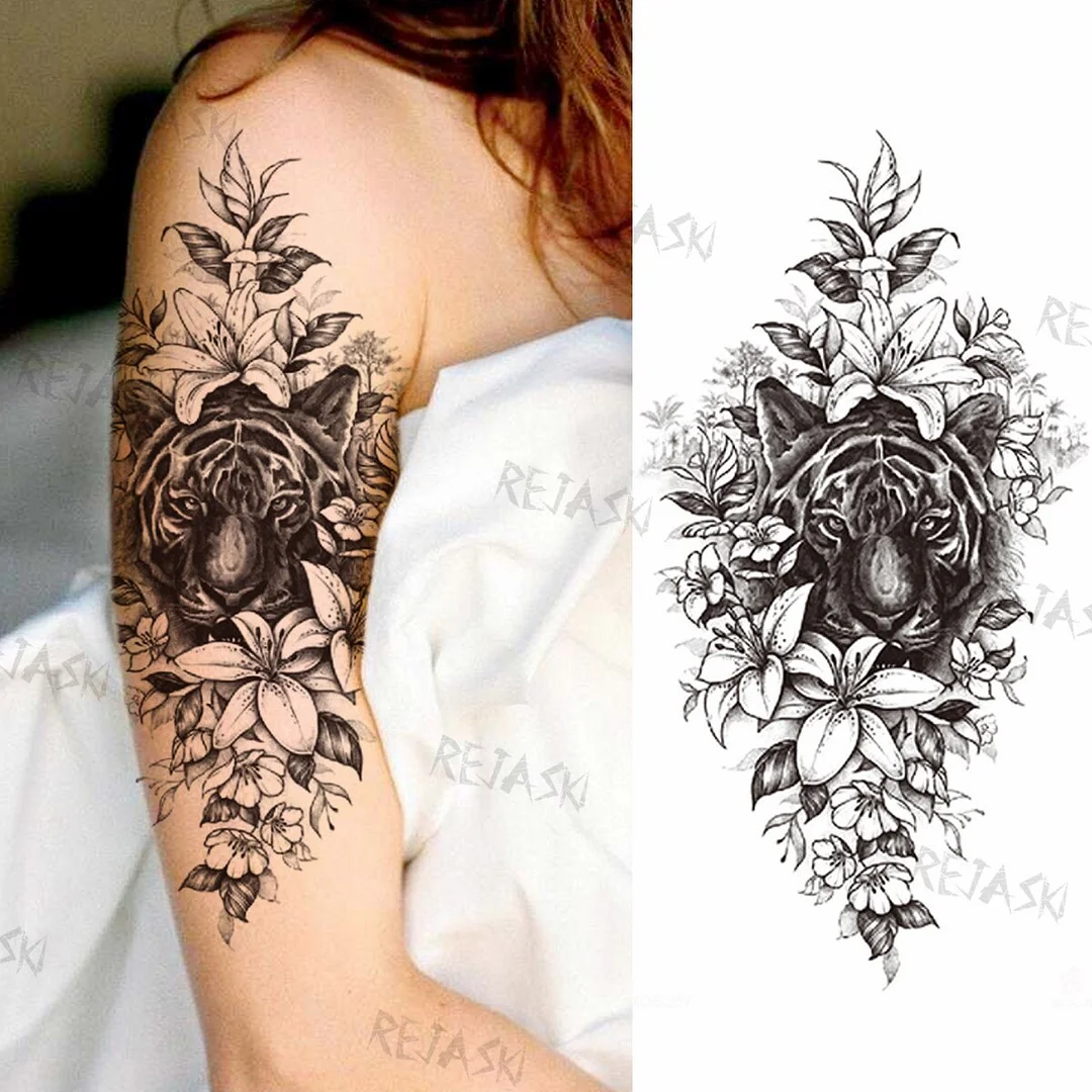 Sdrawing Big Lion Crown Temporary Tattoos For Men Women Tiger Flower Cross Skull Realistic Fake Tattoo Body Art Tatoo Sticker
