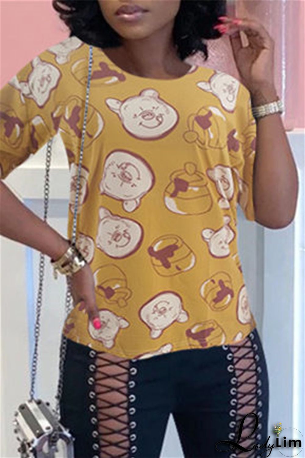 Yellow Fashion Casual Print Basic O Neck T-Shirts