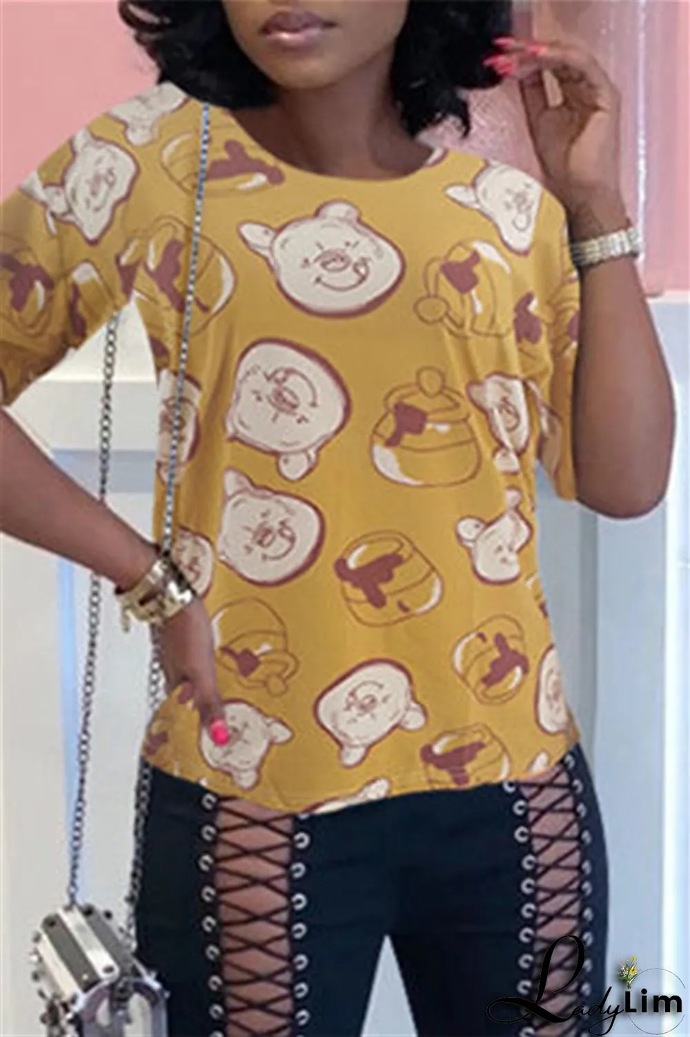 Yellow Fashion Casual Print Basic O Neck T-Shirts
