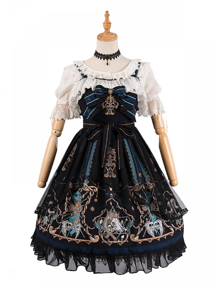 Gothic Lolita  Dress God Redemption Print Lace Ruffled Black Lolita Jumper Skirts Novameme