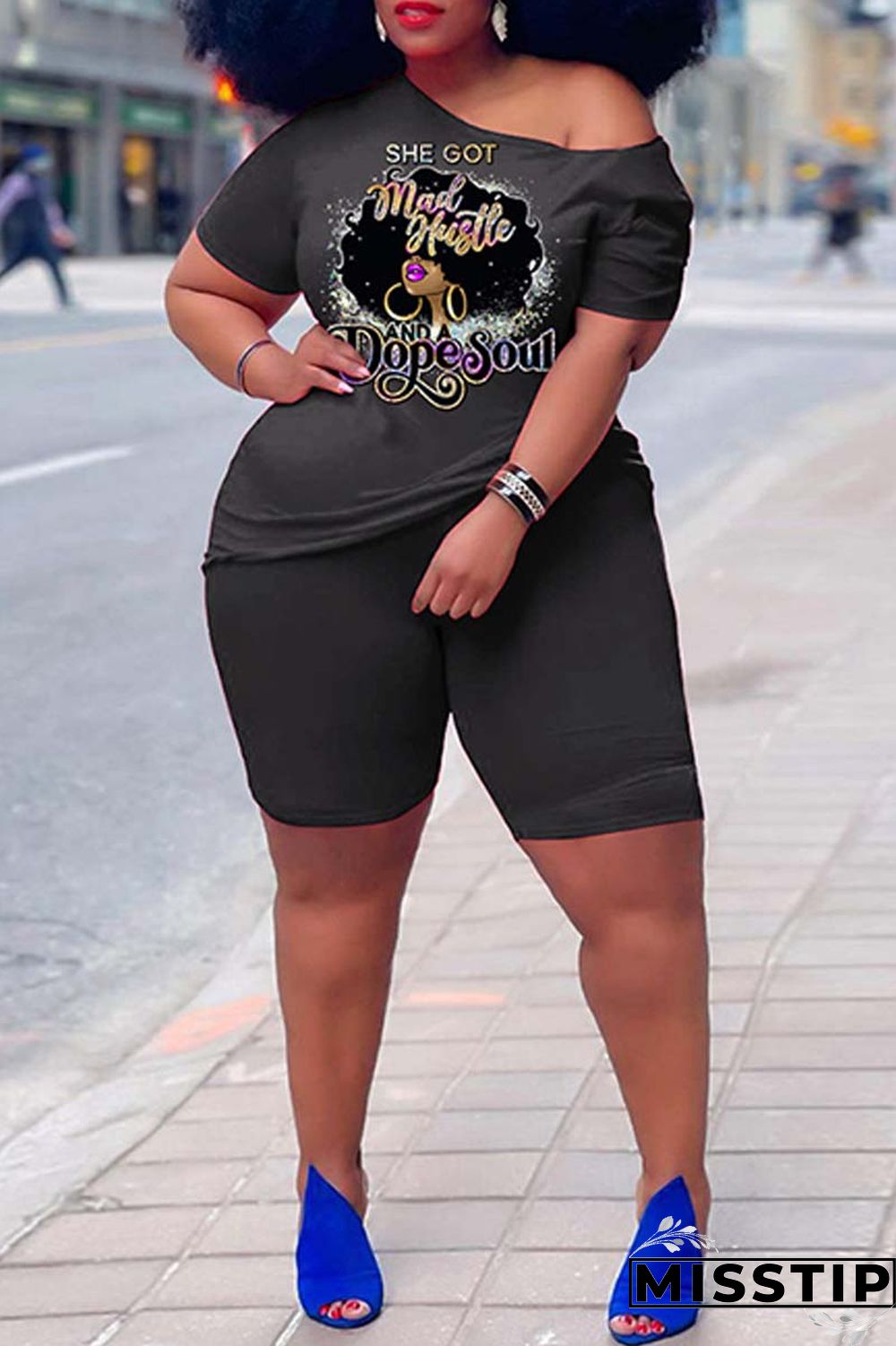 Orange Casual Print Basic Oblique Collar Plus Size Two Pieces
