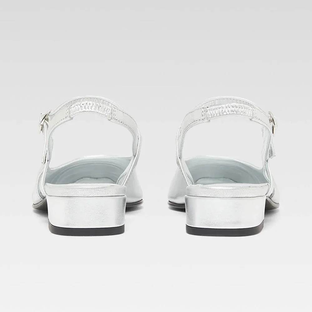 Comfy Silver Square Toe Flat Mary Jane Slingback Shoes with Buckle