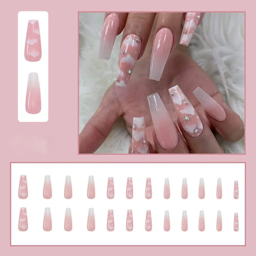 24pcs Long Coffin Fake Nails European Star Pink Gradient Ballerina Nail Art Full Tips with Glue Sticker Detachable False Nails-Nail Inspo