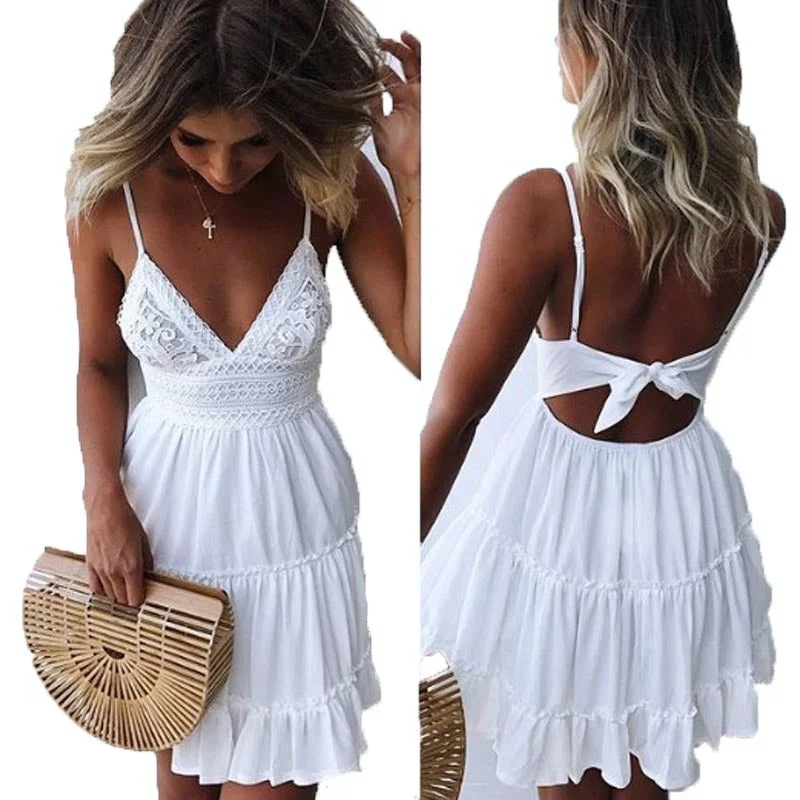 Uveng Lace V-neck Strap Stitching Other Women's Dress Backless Bow Flounced Skirt