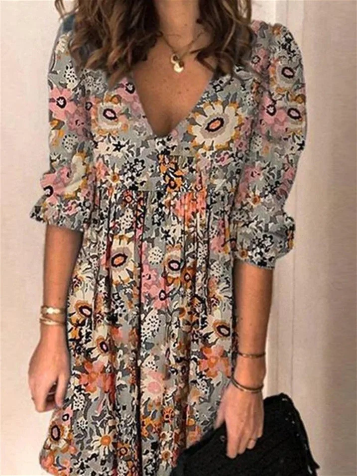 Women's Half Sleeve V-neck Graphic Floral Printed Dress