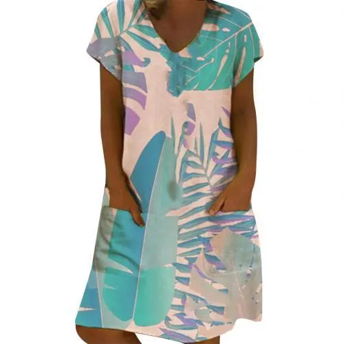 Women Casual Short Sleeve V Neck Leaf Print Pockets Loose Knee-length Dress Casual V Neck Leaf Print women blouse