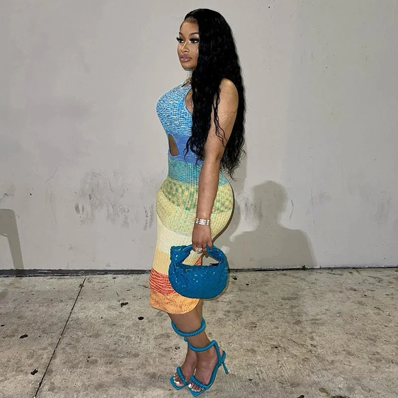 BIIKPIIK Hollow Out Robe Knee-length Elegant Dress Women Patchwork Sleeveless Halter Bodycon Sexy Vintage Dresses For Party Club