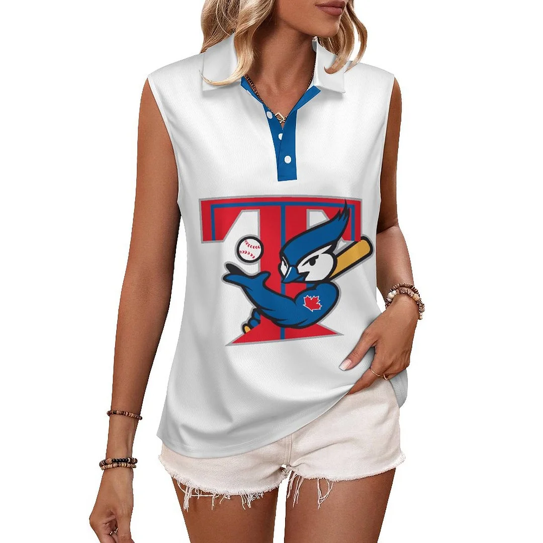 V-neck Sleeveless Casual POLO Shirt Tank Top for Women Printed with Pattern,Navy,Blue