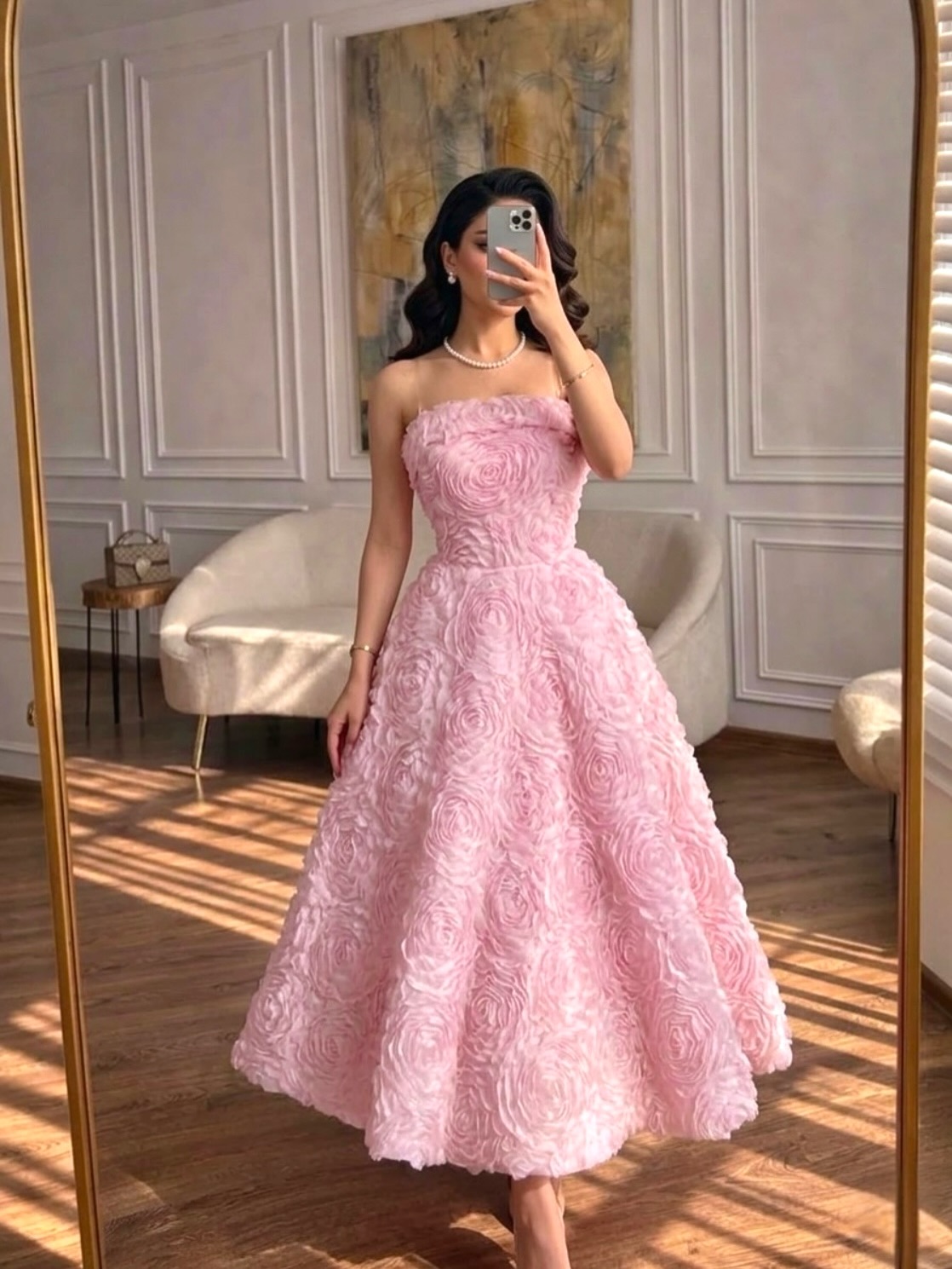 Lussooy Stunning A Line Straight Across Pink Prom Dress with Handmade Flower 