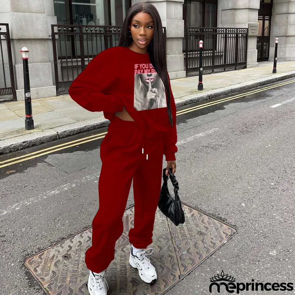 Plus Size Plush Print Sweatshirt And Pant Sport 2 Piece Set