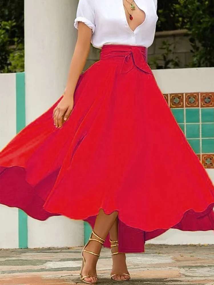 Elegant Lace-up Waist Pocket Solid Swing Maxi Skirt