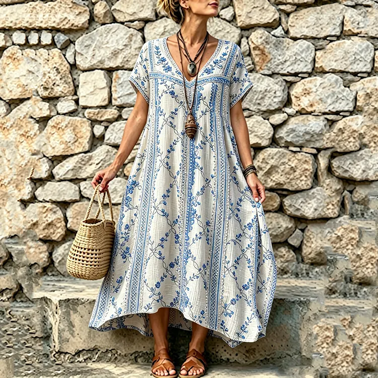 Women's Vintage Floral Art Embroidered Linen Blend V Neck Maxi Dress