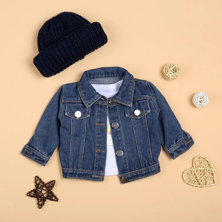  White cartoon T-shirt and denim jacket set for 22'' reborn baby doll boy/girl - RSDP-Rebornbabypuppen-Rebornbabypuppen.de