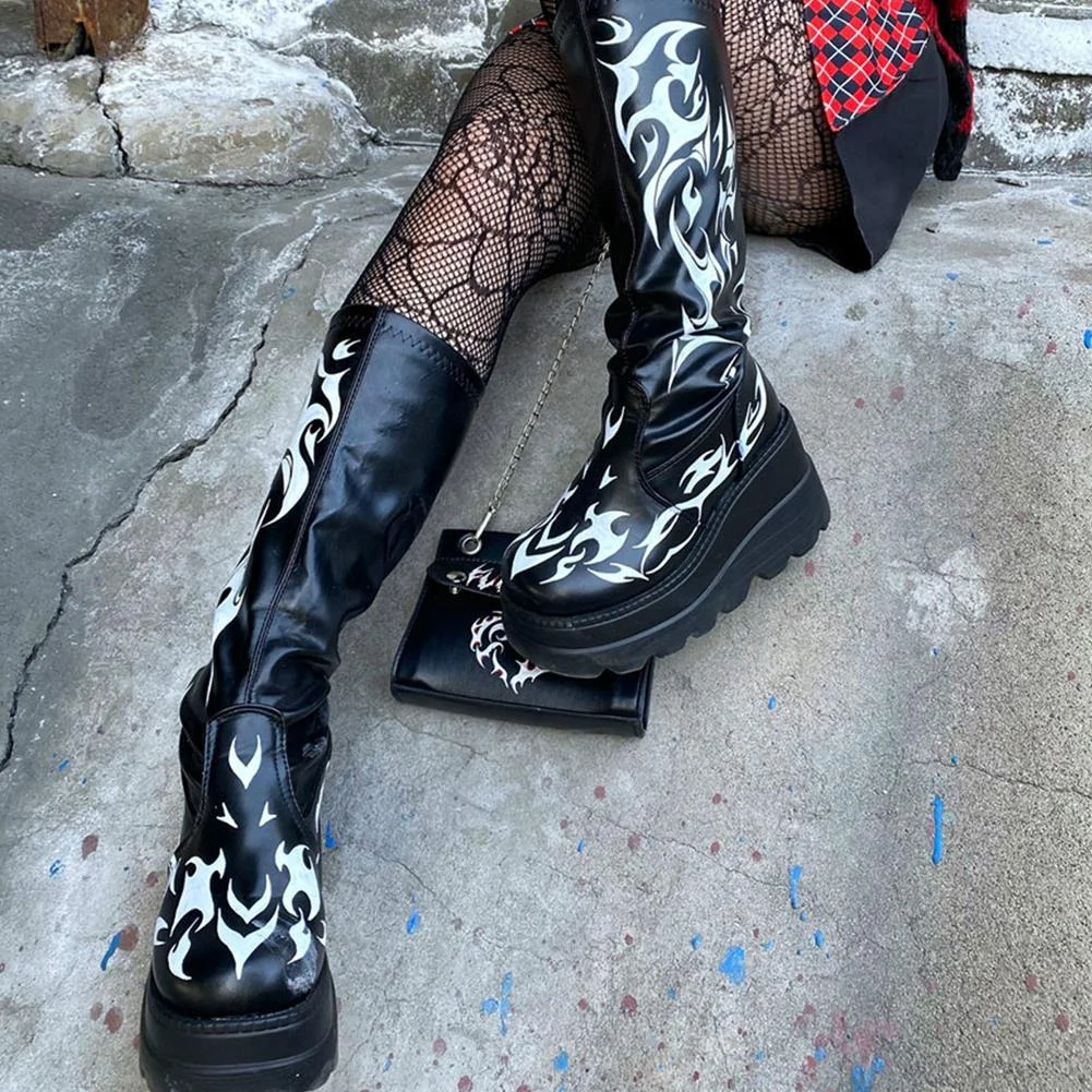 BONJOMARISA INS Laides Goth Platform High Wedges Punk Mid Calf Boots Thick Heel Flame Cool Black Zipper Shoes Women Big Size 43