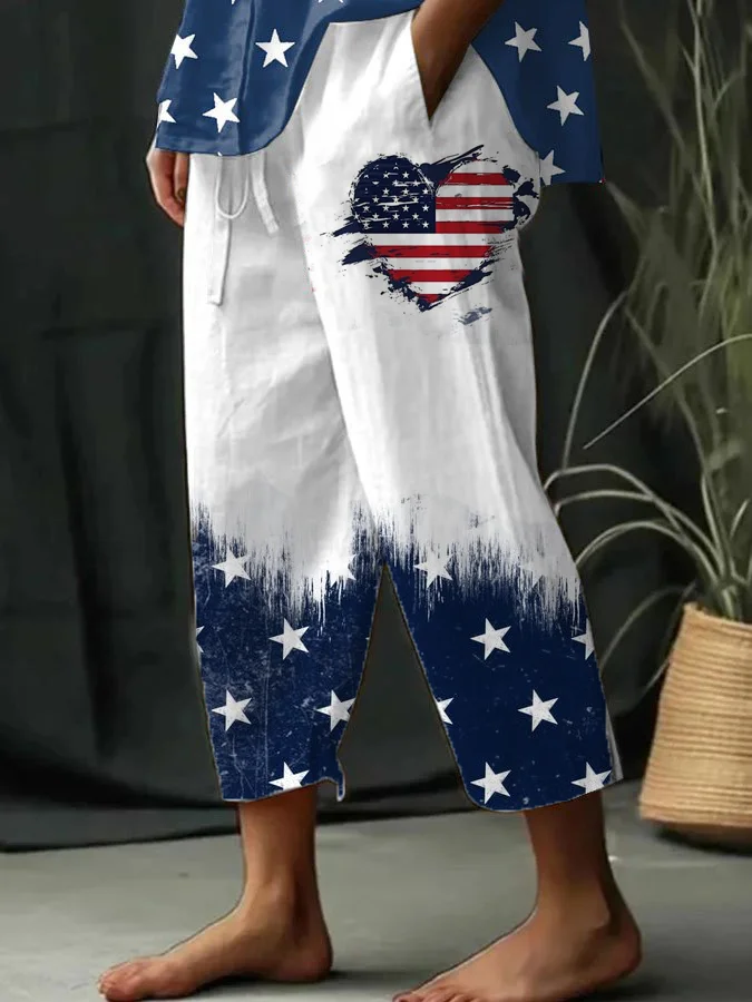 Women's Independence Day Love American Flag Element Print Casual Wide Leg Pants