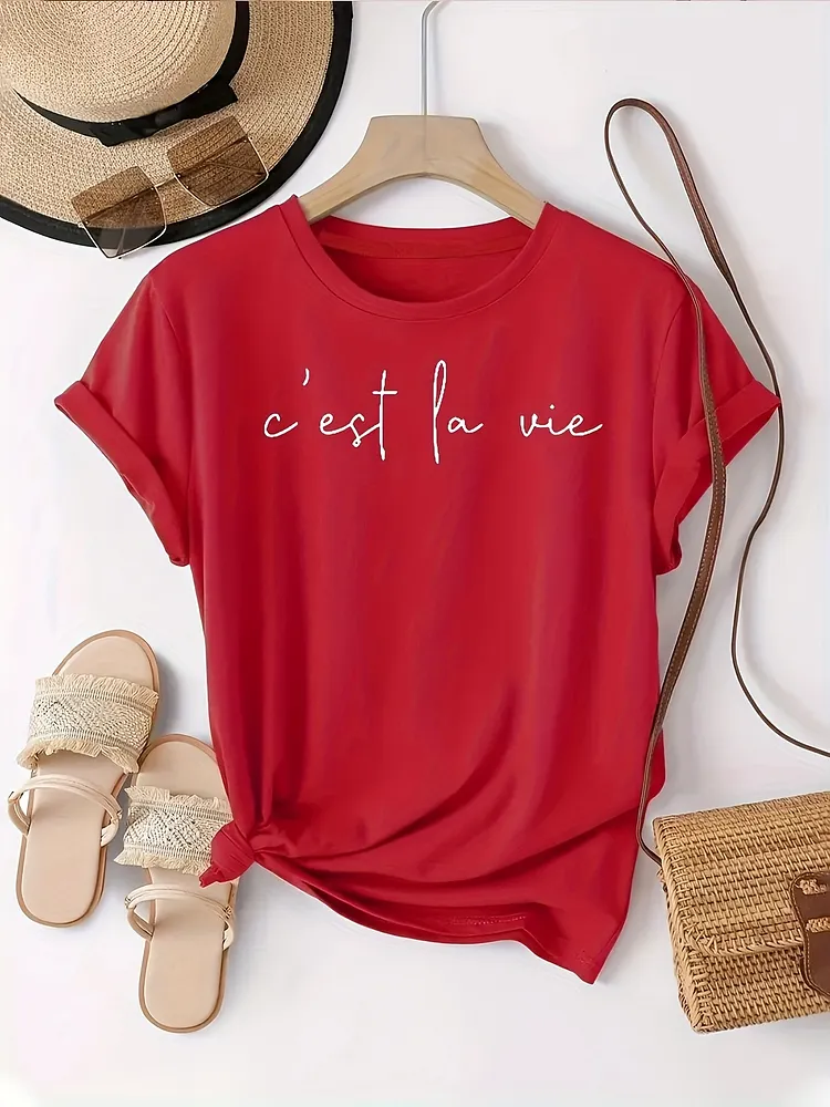 Women's Athleisure T-Shirt - Fun Letters Simple Print Design, Short Sleeve Crew Neck, Machine Washable, Spring/Summer Casual Fit, Women's T-Shirt