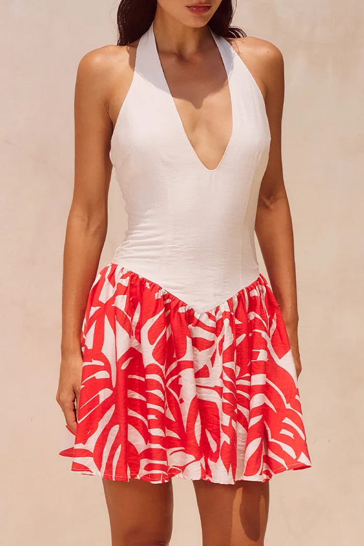 Halterneck Cinch Waist Tropical Print Mini Dresses-White [Pre Order]
