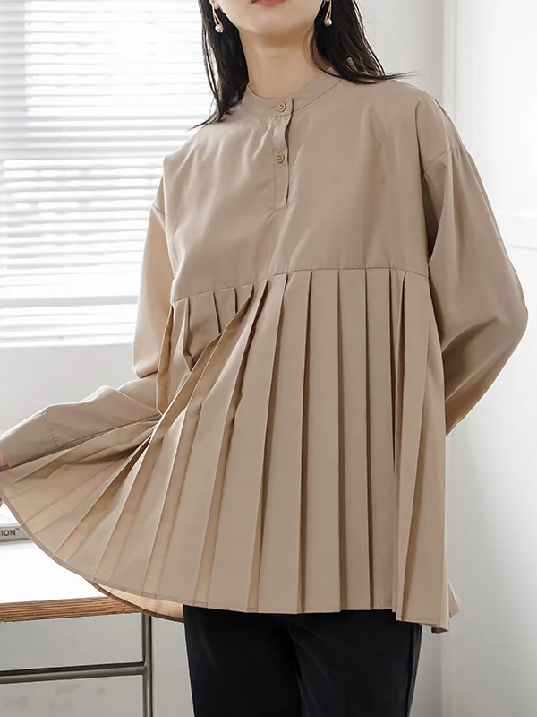 Buttoned Pleated Solid Color Long Sleeves Loose Round-Neck Blouses&Shirts Tops