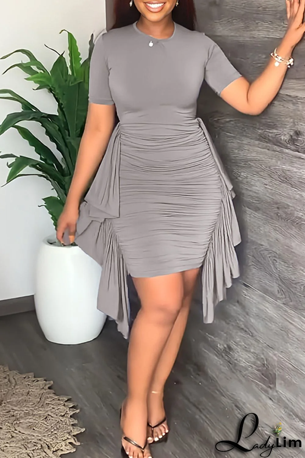 Pink Fashion Casual Solid Patchwork Fold O Neck Short Sleeve Dress