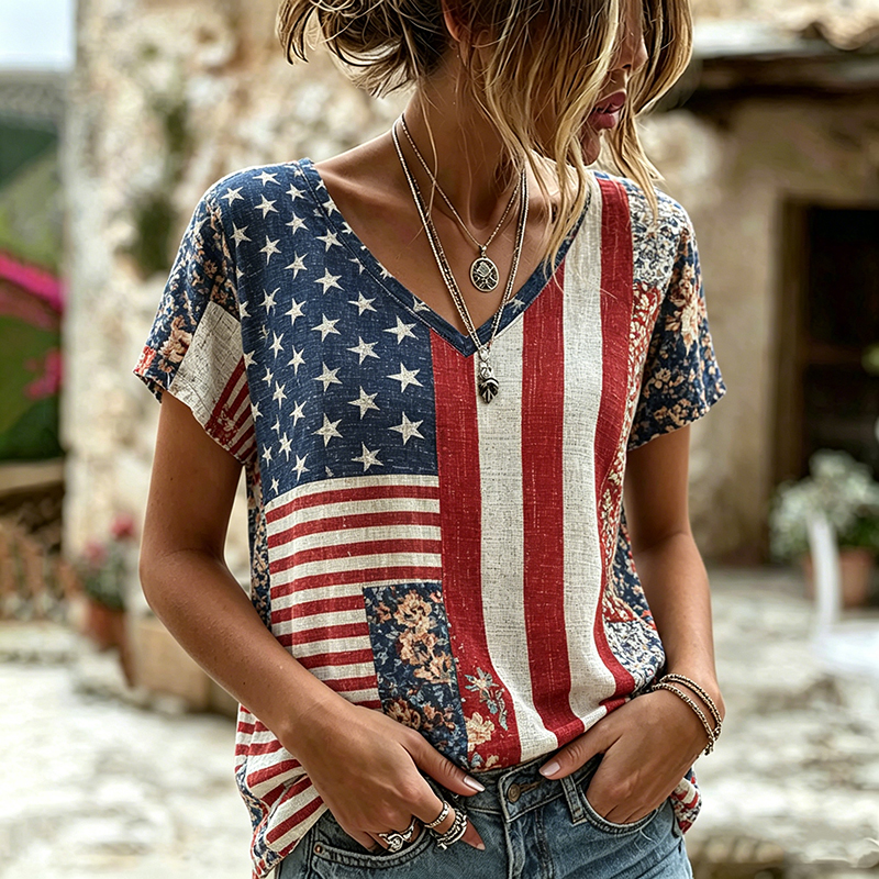  Women's Vintage Patchwork Art Print V Neck T-shirt Westsshops
