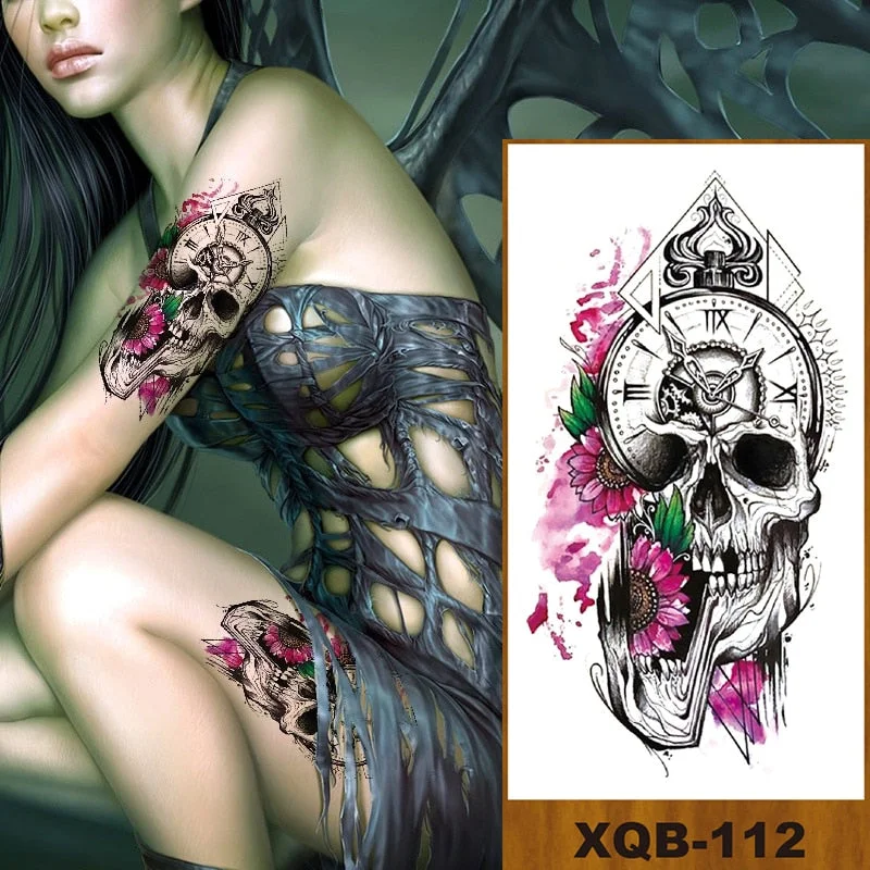 Temporary Tattoos Stickers Vajra Skull Night Demon Crow Mythical Beast Men Women Girl Flower Arm Chest Fake Tatoo Semi Permanent