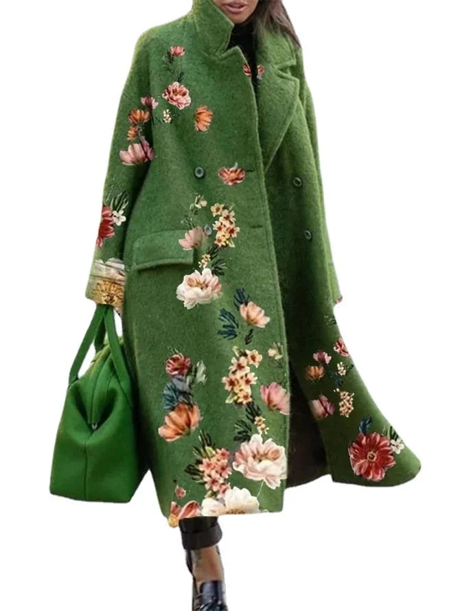 Autumn and winter long woolen coat solid color temperament commuter beltless lapel loose-fitting woolen green coat