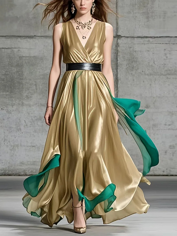 Khaki V-neck Sleeveless Silk Print Maxi Dress