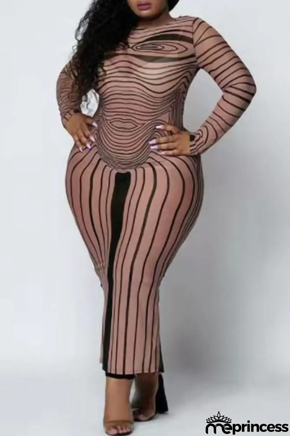 Pink Fashion Casual Plus Size Print Basic O Neck Long Sleeve Dresses