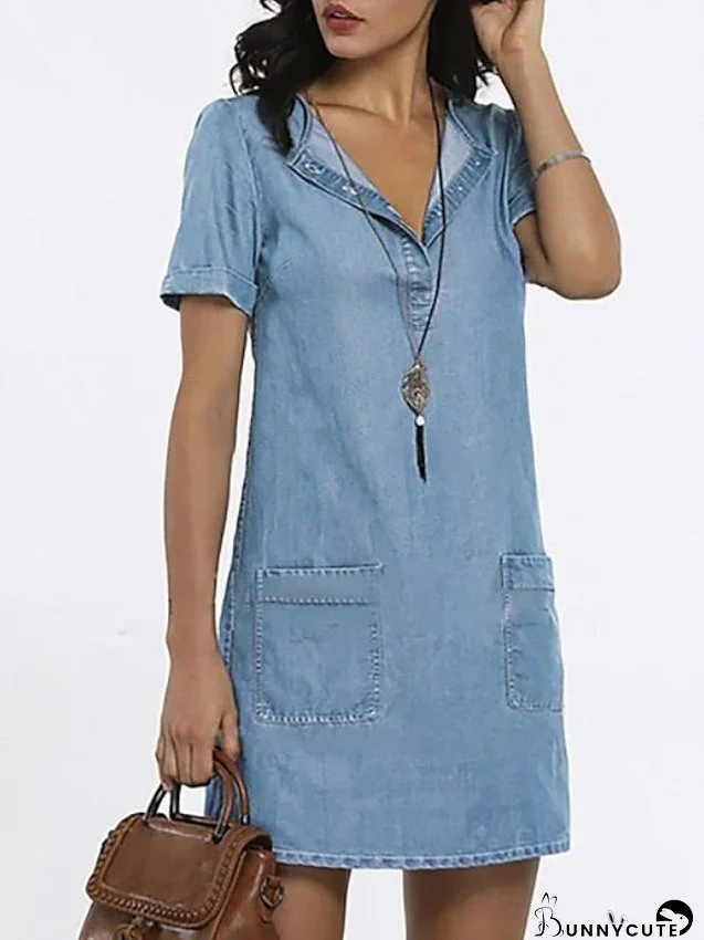 Denim Dress Shirt Dress Mini Dress Date Vacation Going out Denim Stylish Modern V Neck Pocket Short Sleeve Summer Spring Regular Fit Dark Blue Light Blue Pure Color S M L XL XXL for Women