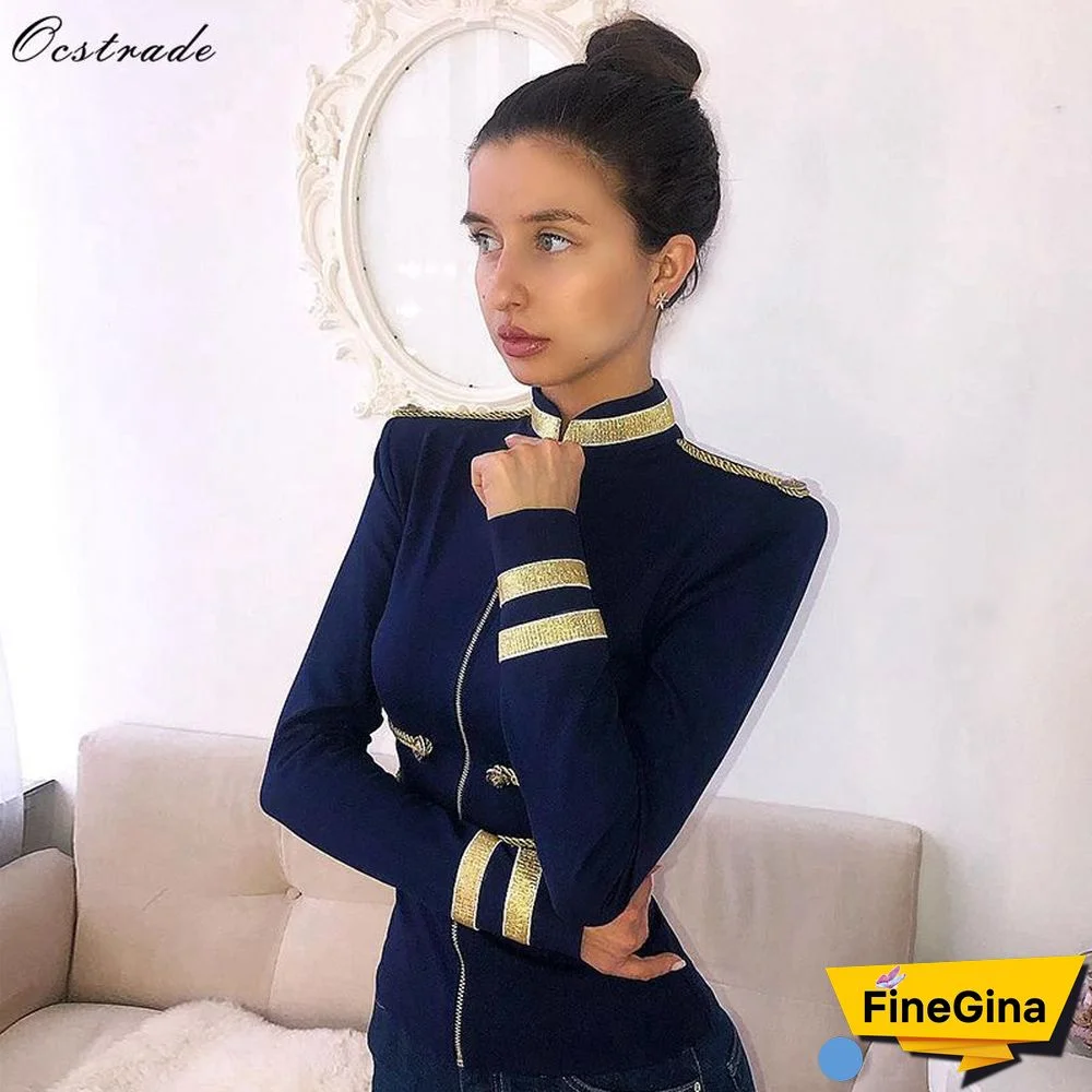Ocstrade Outerwear Women Jackets Spring Autumn Coat New Navy Blue Elegant High Quality Long Sleeve Bandage Jacket Bodycon