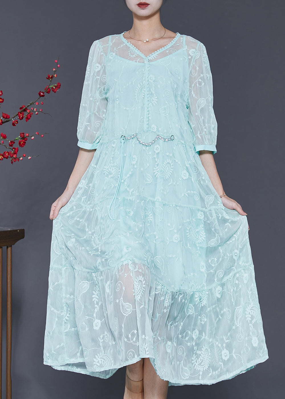 VCSHOES Blue Embroidered Silk Long Dress Half Sleeve