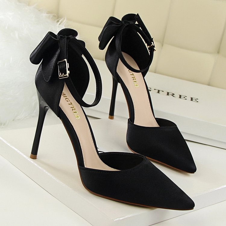 Women's Thin High Heels, Shallow Mouth, Pointed Head, Silk And Satin Bow, One Line Belt Sandals