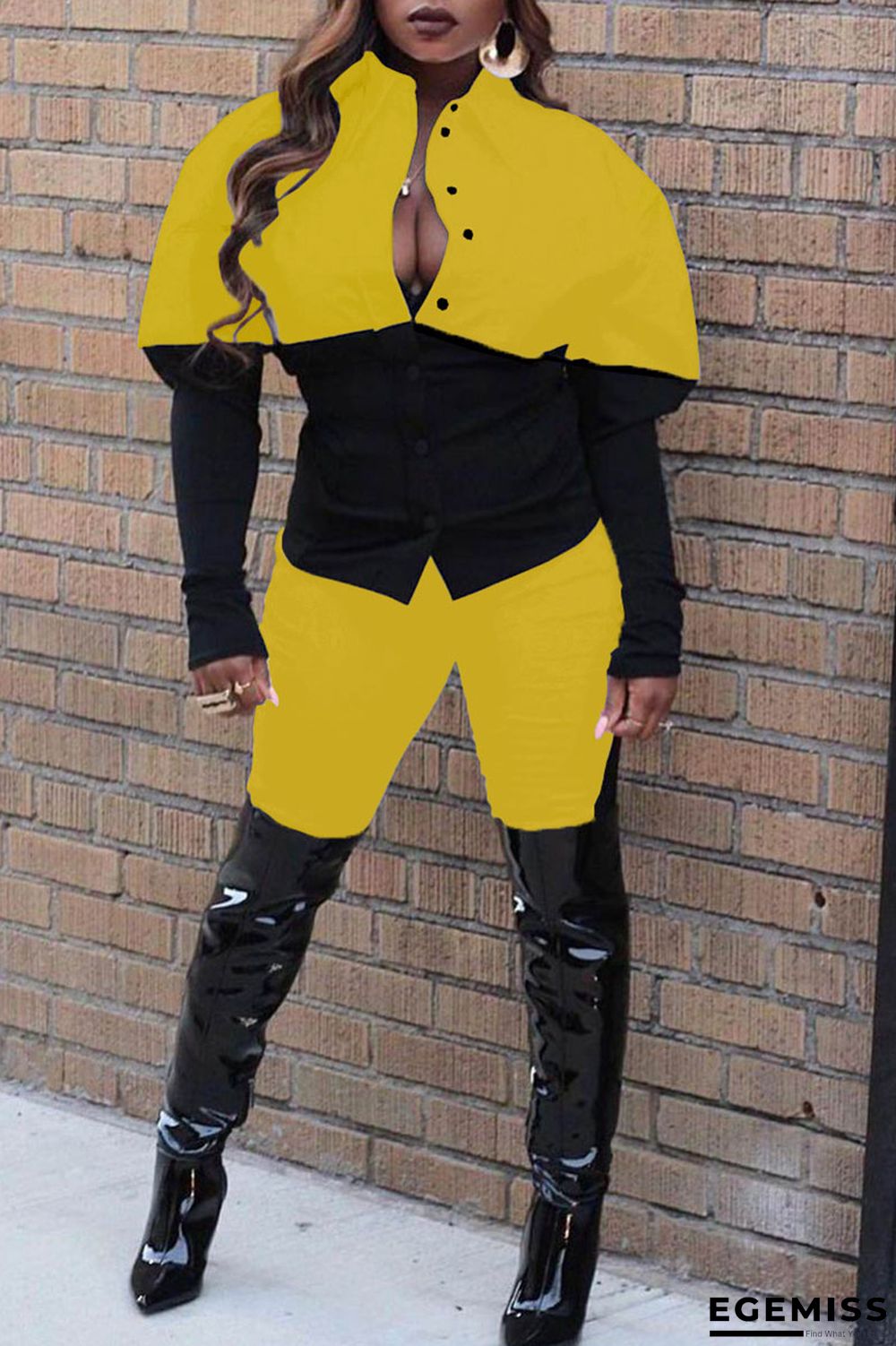 Yellow Casual Solid Patchwork Buckle Turndown Collar Long Sleeve Two Pieces | EGEMISS