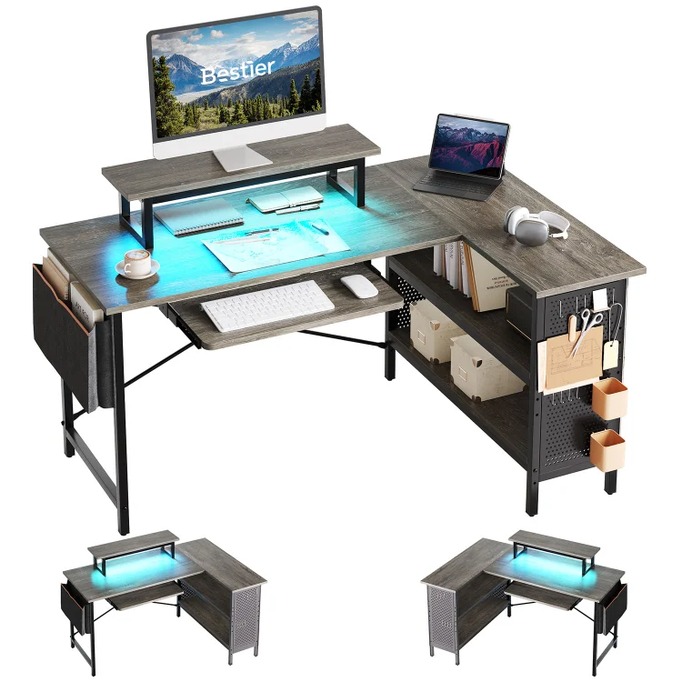 Bestier 55 inch L-Shaped Computer Desk with Keyboard Tray & LED Monitor Stand