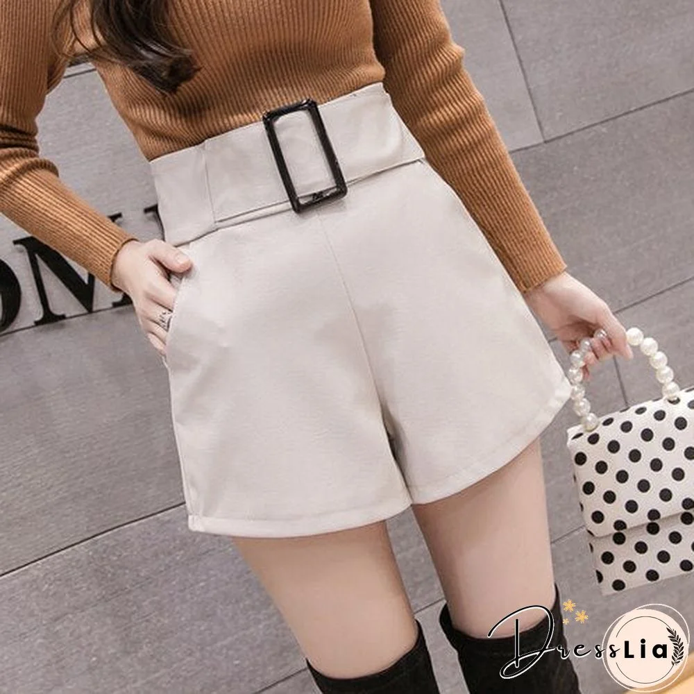 Korean PU Faux Leather Shorts Women Spring Autumn High Waist Wide Leg Short Ladies Plus Size Sexy Black Belted Short Femme 7774