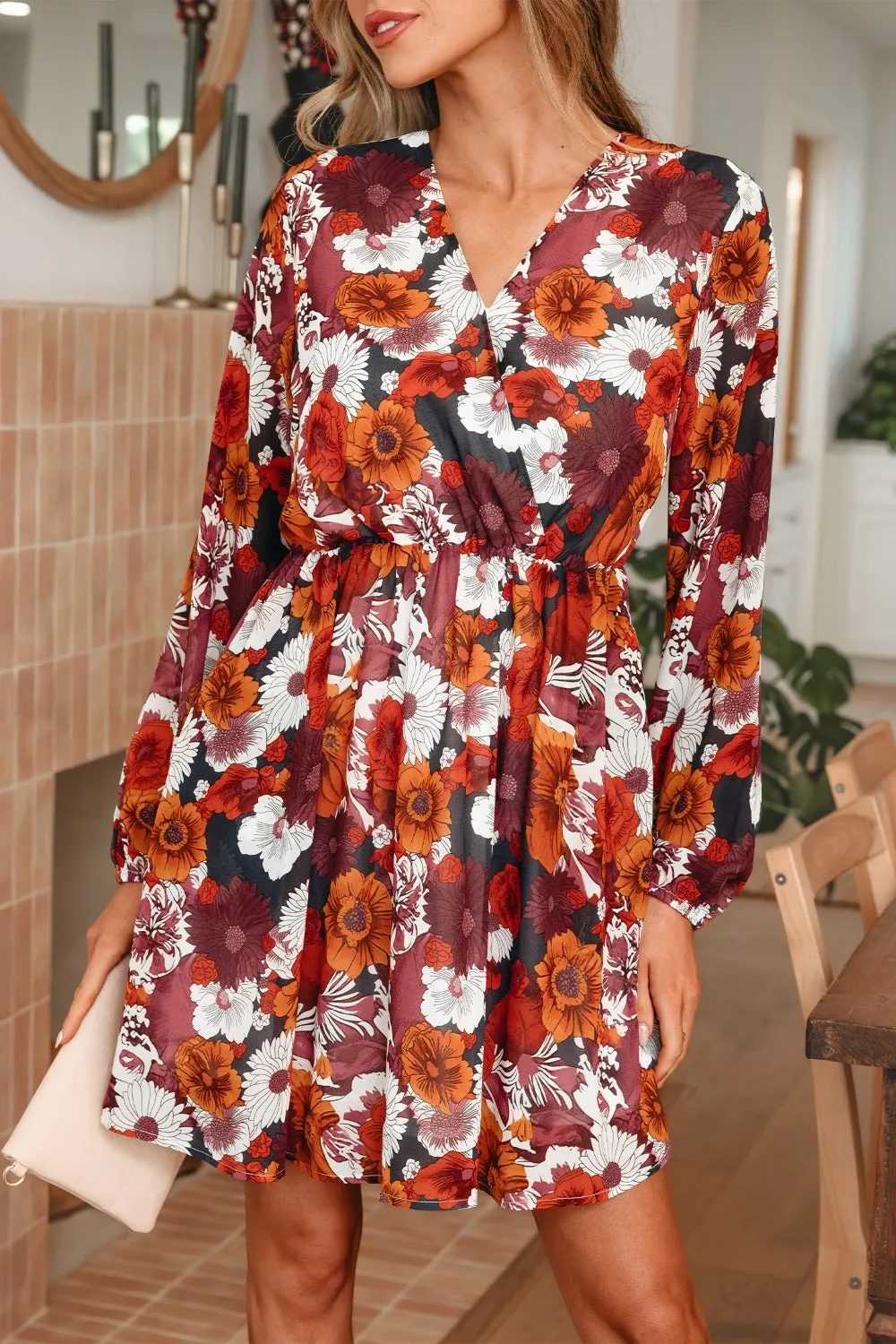 Floral Print Wrap V Neck Puff Sleeve Flowy Mini Dress mysite idetrend