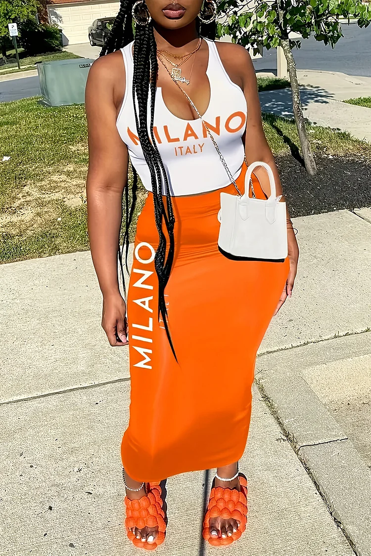 Letter Print Plunge Neck Tank Top Colorblock Bodycon Maxi Skirt Set-Orange