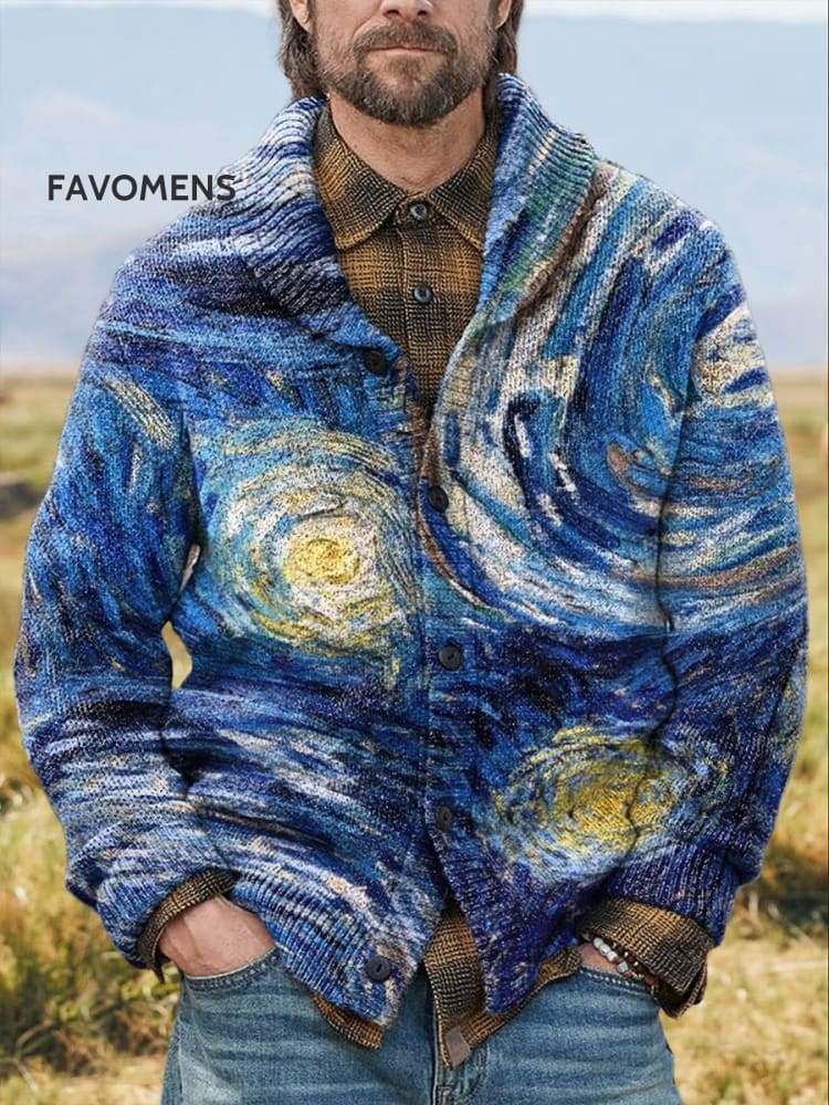 Vintage Star Swirl Oil Painting Print Knit V Neck Sweatshirt Multicolor / S