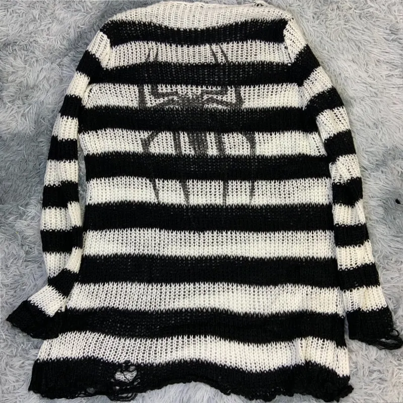 Plus Size Punk Gothic Long Unisex Sweater Dress Cool Hollow Out Hole Broken Jumper Loose Rock Thin Sweter 2020 Women Man Striped
