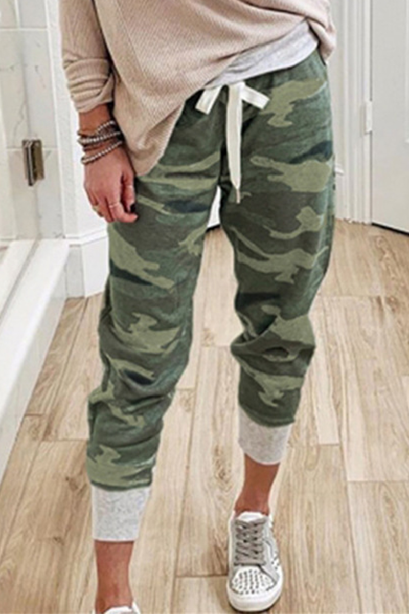 Casual Camouflage Print Draw String Capris Patchwork Bottoms（3 colors）