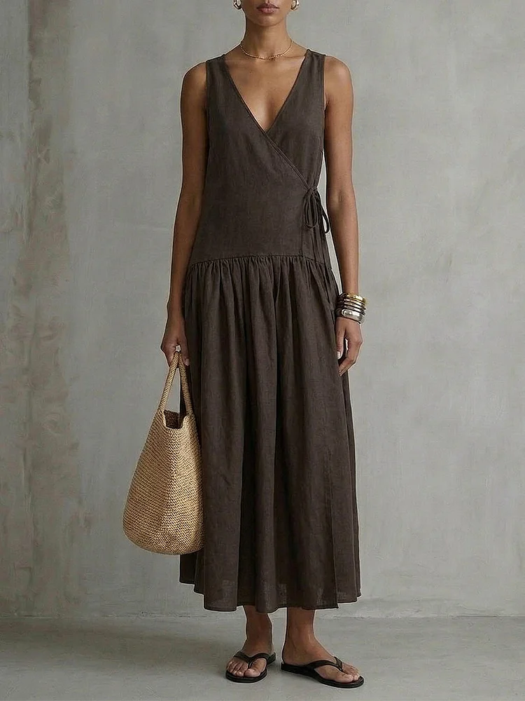 Women's V-neck Tie-waist Cotton-linen Dress